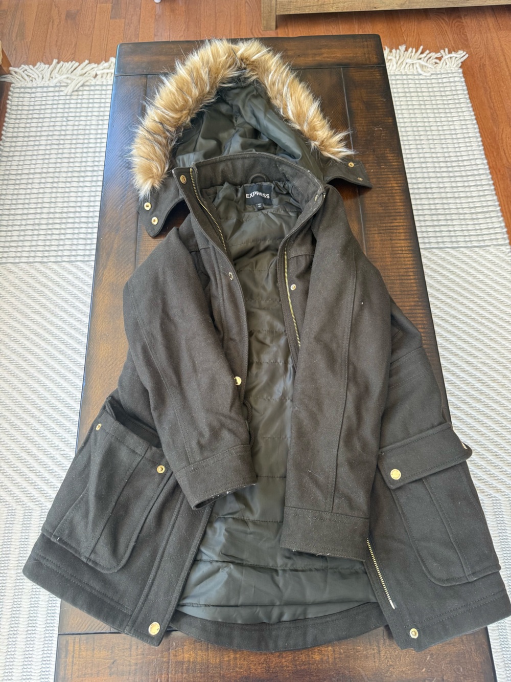 Express Women’s Dark Brown Hooded Parka with Faux Fur Trim